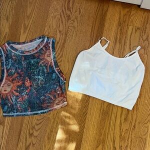 Juniors Sleeveless Sun Print (mesh fabric) and White Tank Tops Cropped
